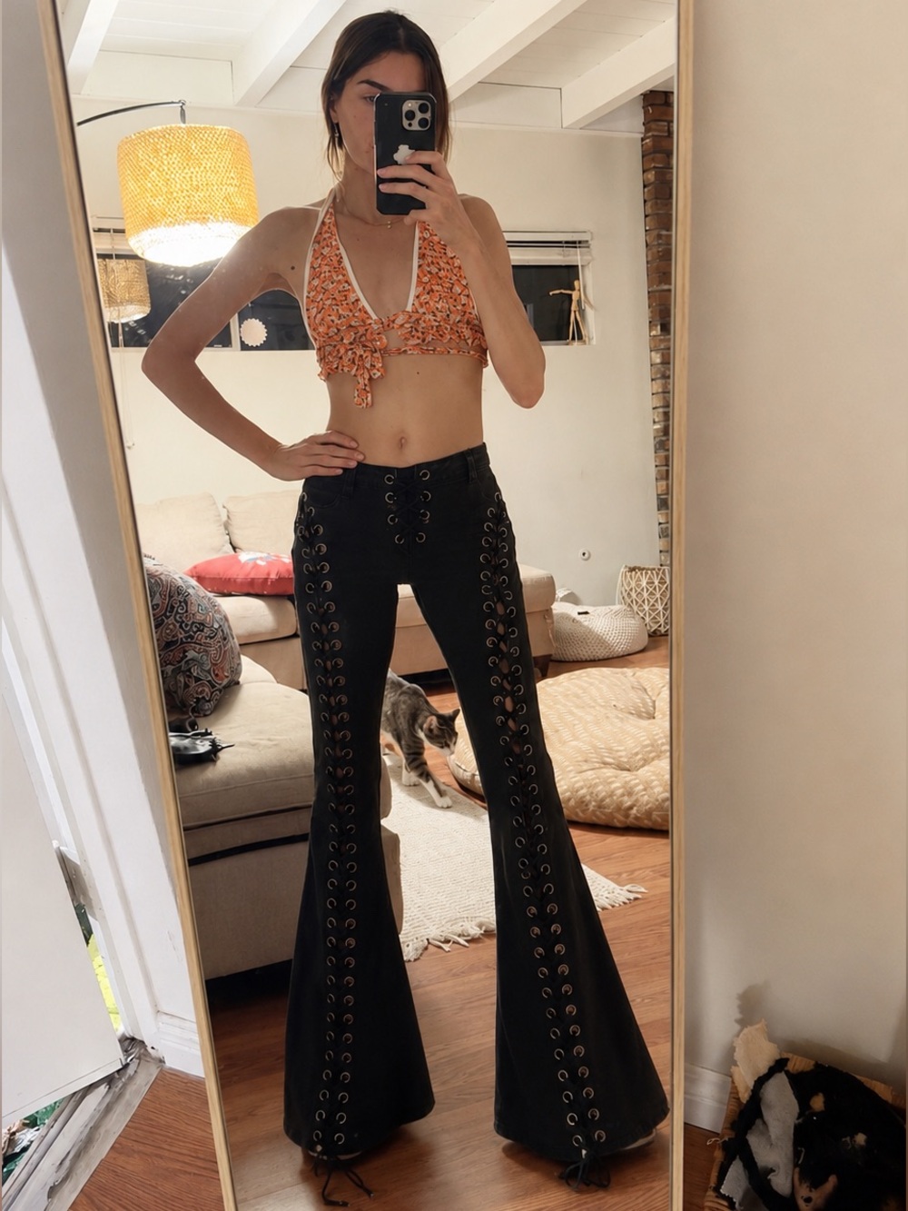 Dolls Kill Black Lace-Up Flare Jeans with Grommet Panels SIZE M
